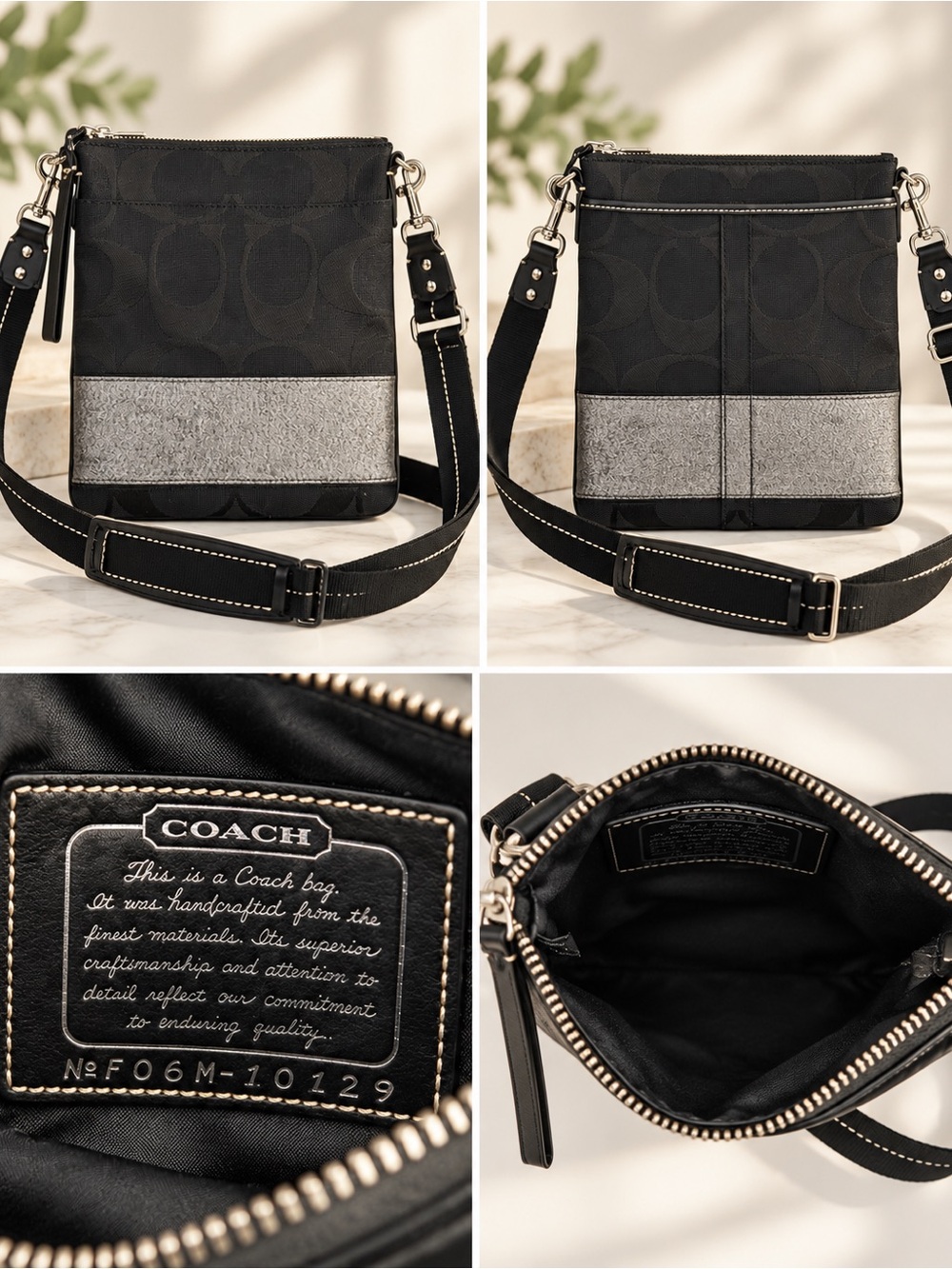 Vintage Coach Black Signature Jacquard Crossbody Bag Silver Metallic Trim Y2K